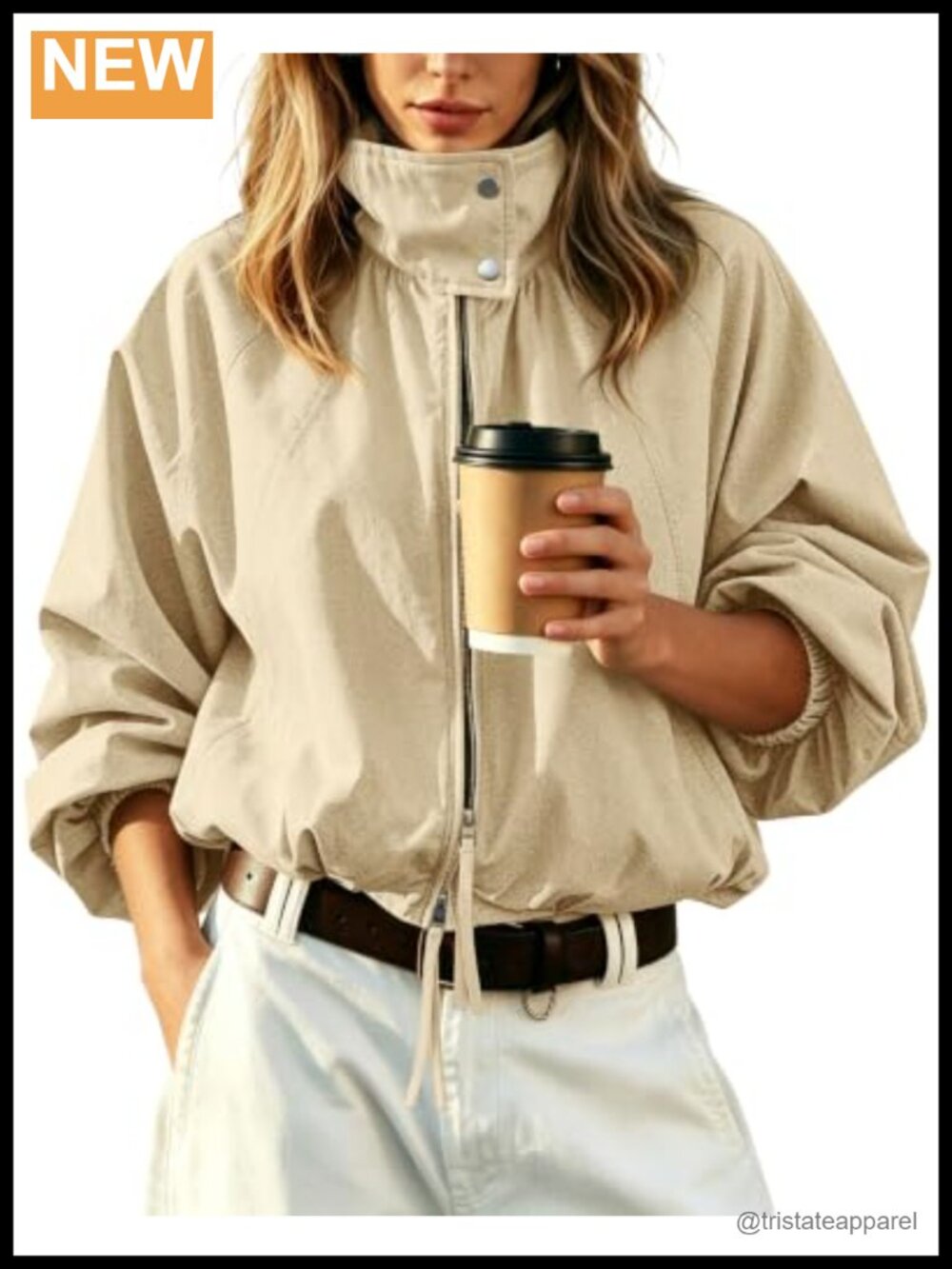 Women's Cropped Bomber Jacket Funnel Neck Zip-Up Batwing Sleeve Lightweight Coat